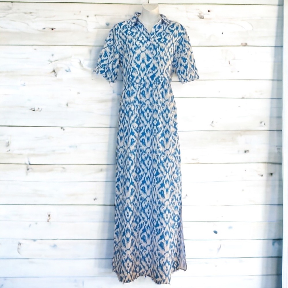 🤑10/$100 Boho Chic Bohemian Blue White Abstract Short Sleeve Collar Maxi Dress M